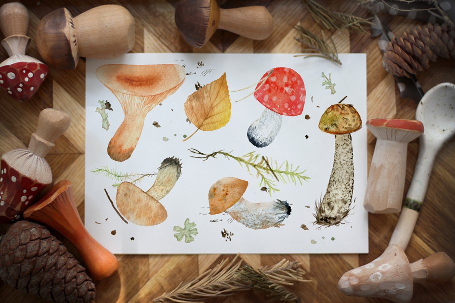 Colorful mushrooms on the paper.