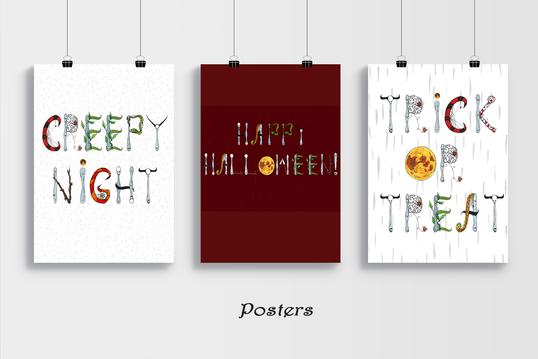 Set Of Watercolor Halloween Alphabet Elements And Pre Made Posters Poster Print Example.