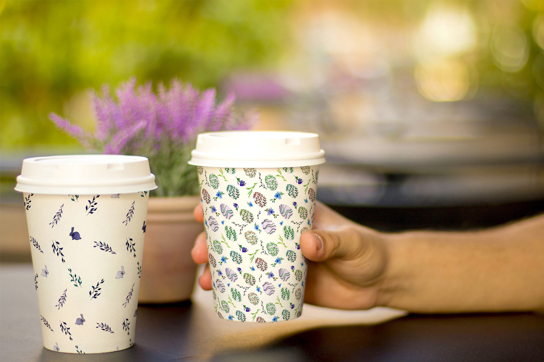 Watercolor Illustrations And Seamless Patterns With Spring Easter Mood Cup Print.