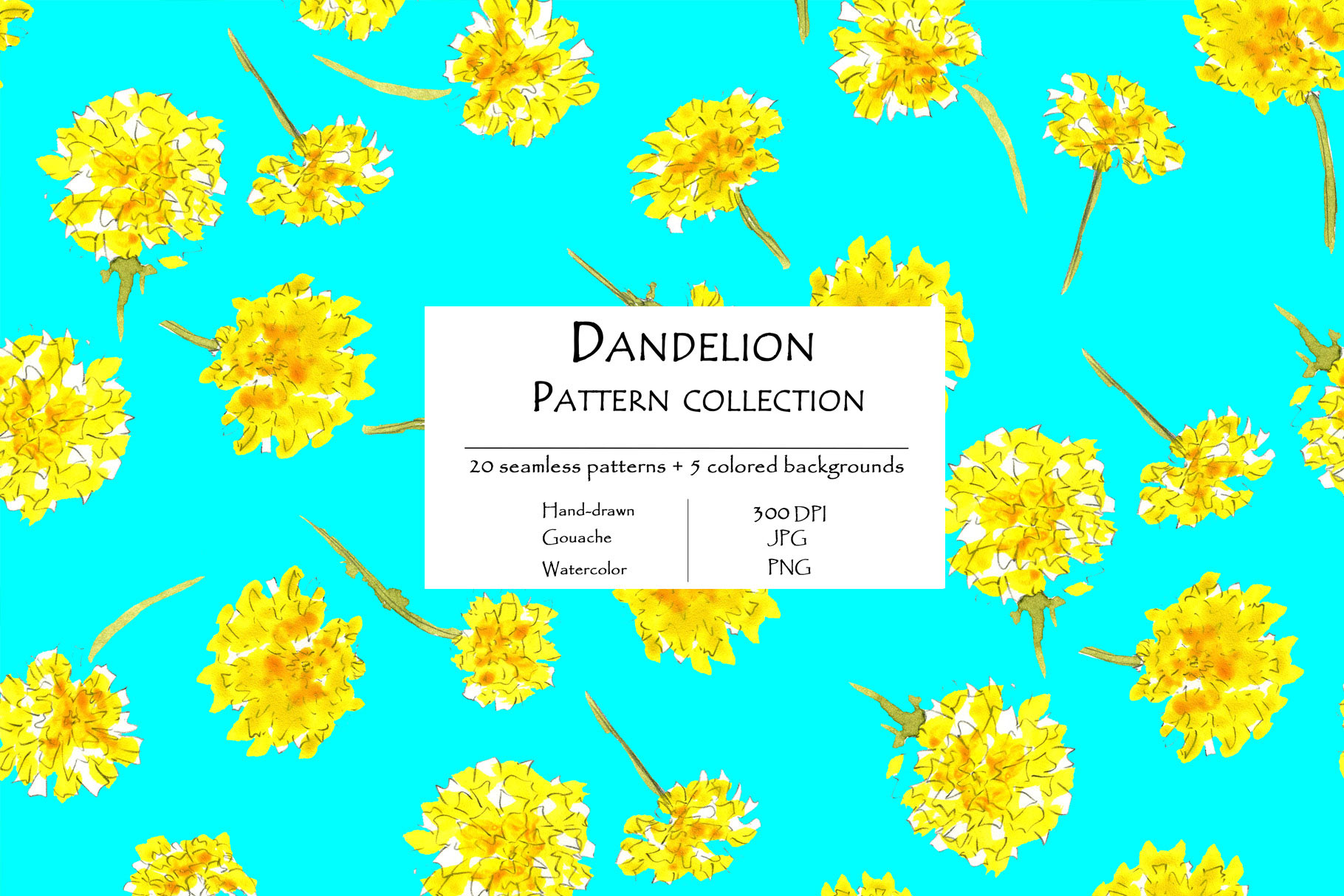 Dandelion Pattern Collection Of 20 Seamless Patterns And 5 Colored Background Facebook Image.