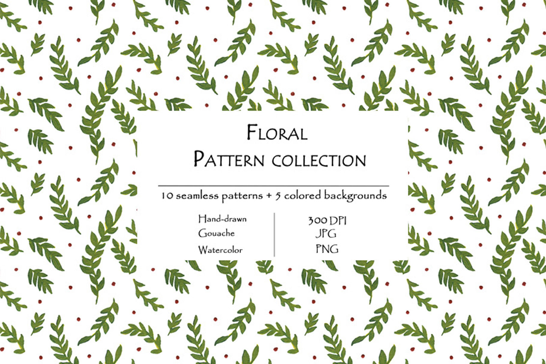 Floral Pattern Collection Of 10 Seamless Patterns And 5 Colored Backgrounds Green Style.