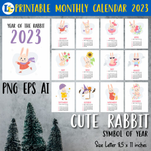 Printable Calendar for Kids 2023 with Cute rabbit cover image.