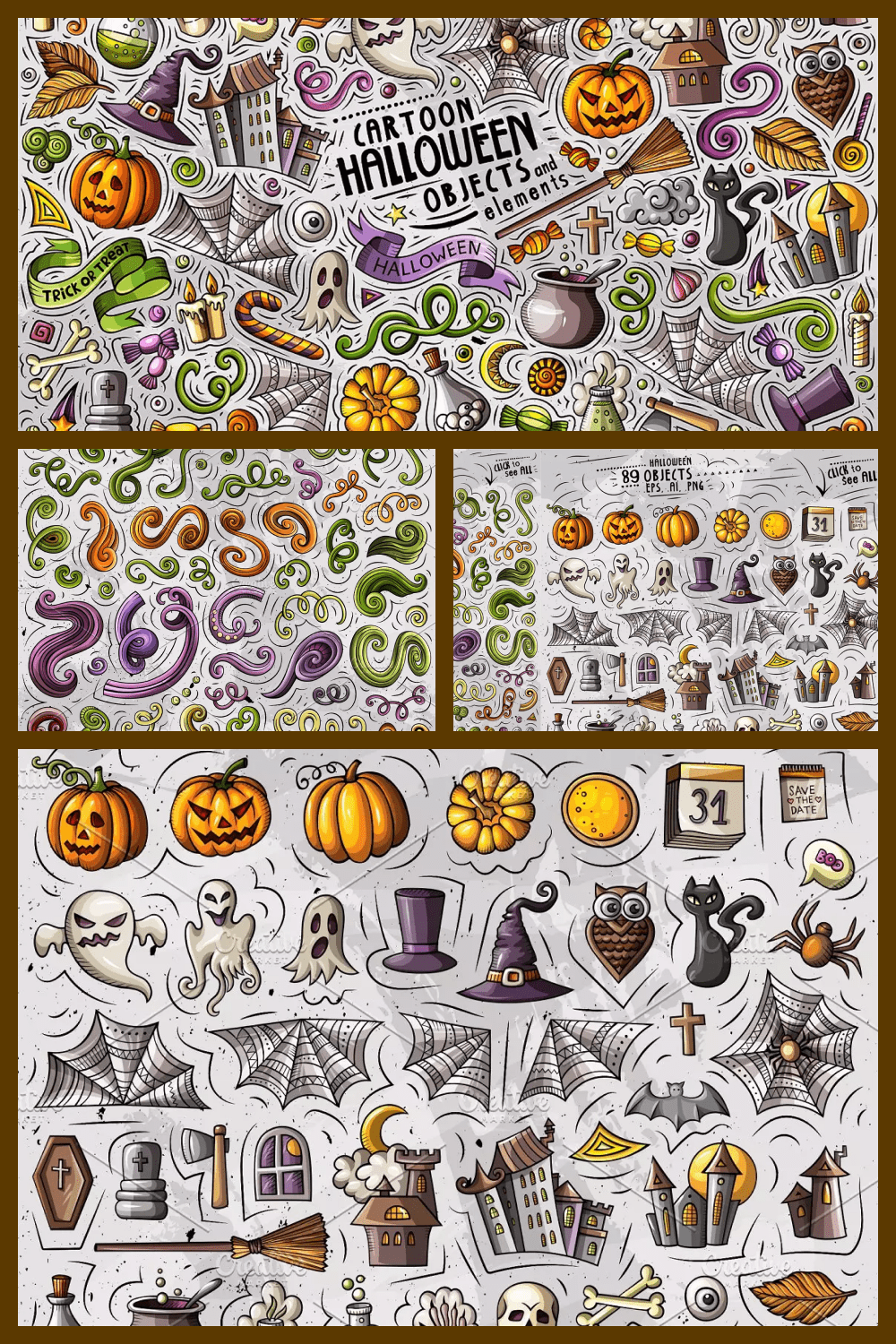 Collage of small hand-drawn images on the theme of Halloween.