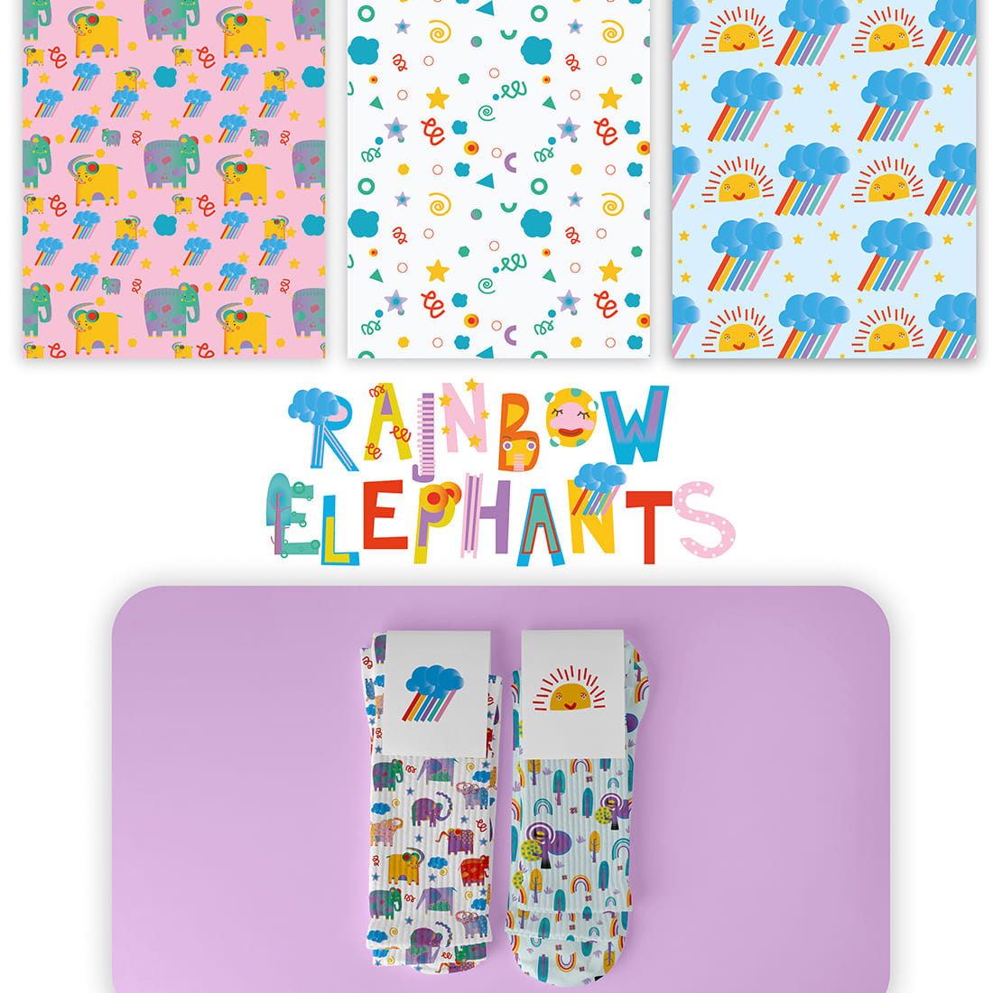 Rainbow Elephants Set Seamless Pattern pinterest image.