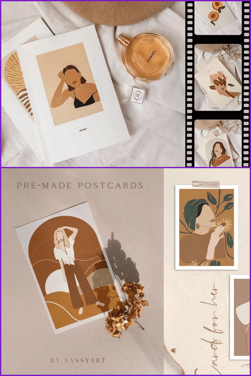 Collage of postcards with painted women in brown tones.