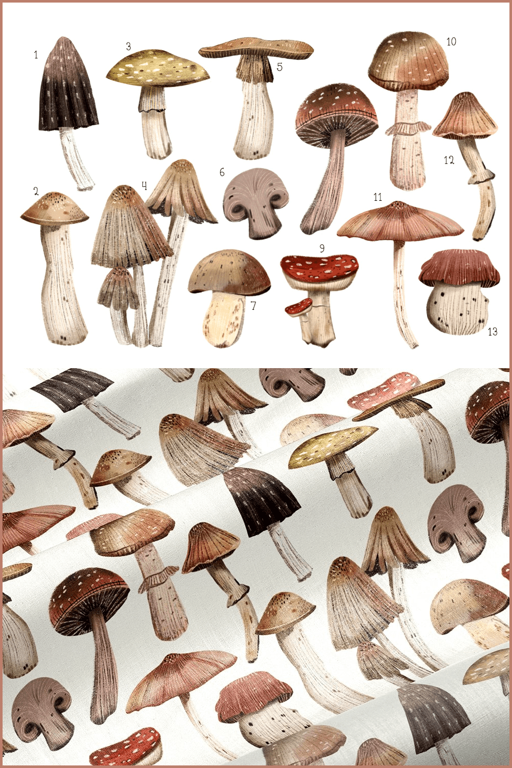 Mushrooms clip art hand drawing - pinterest image preview.