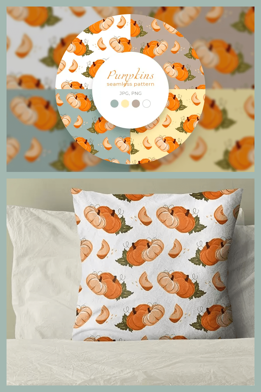A pillow with orange pumpkins on it lies on the bed.