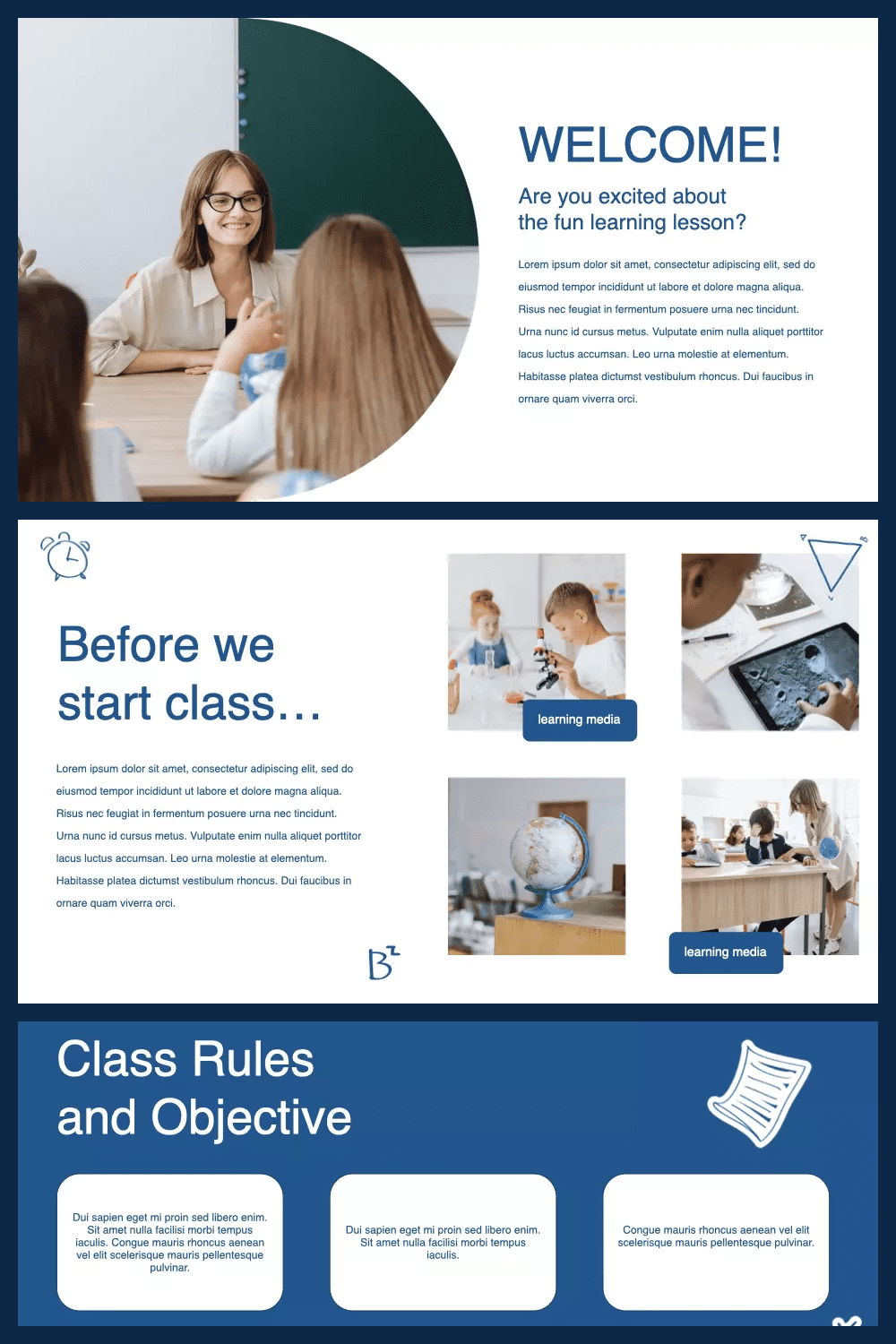 Screenshots of the template pages with white and blue backgrounds with photos of schoolchildren.
