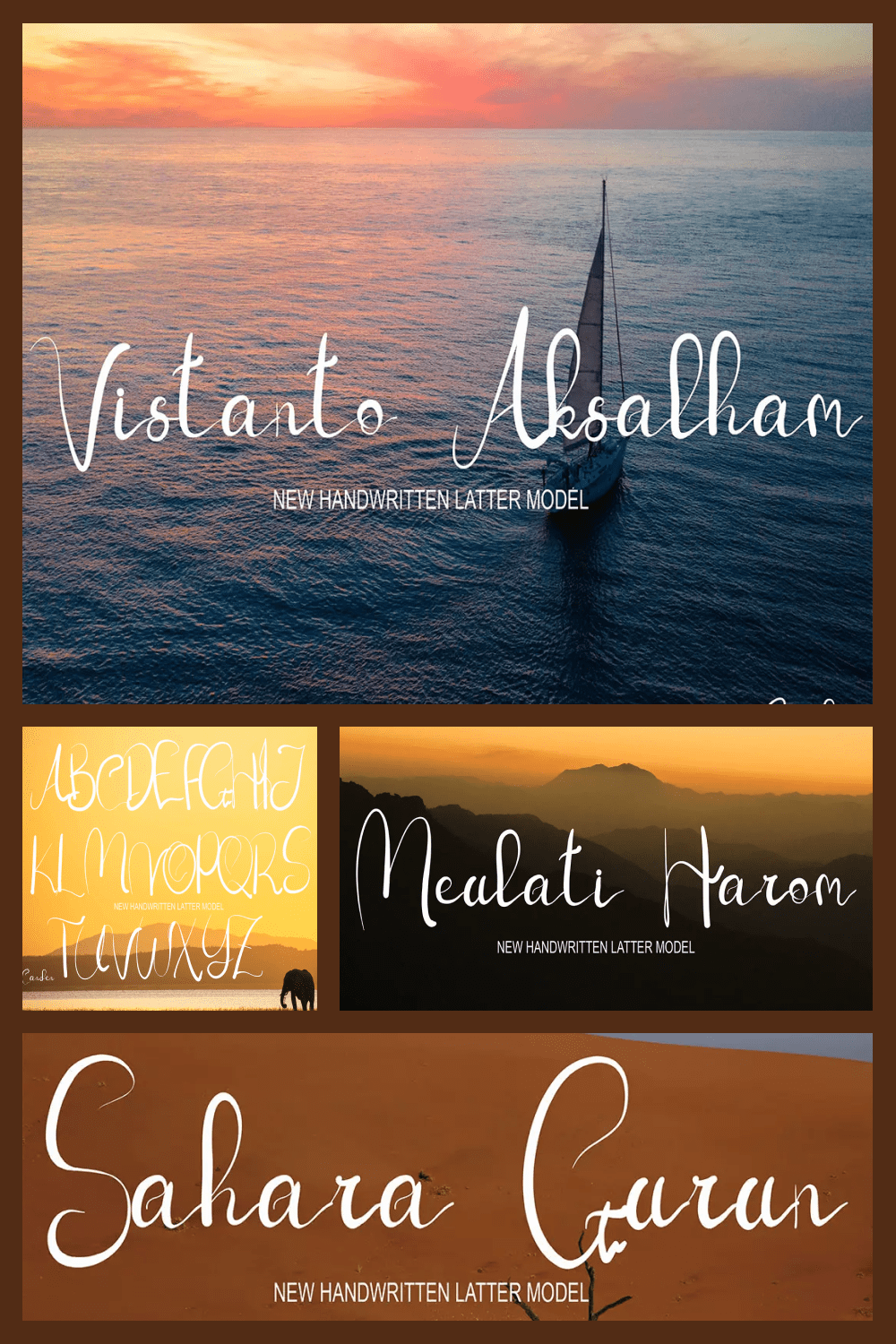 Collage of the image of a white thin font on the background of the sea and mountains.