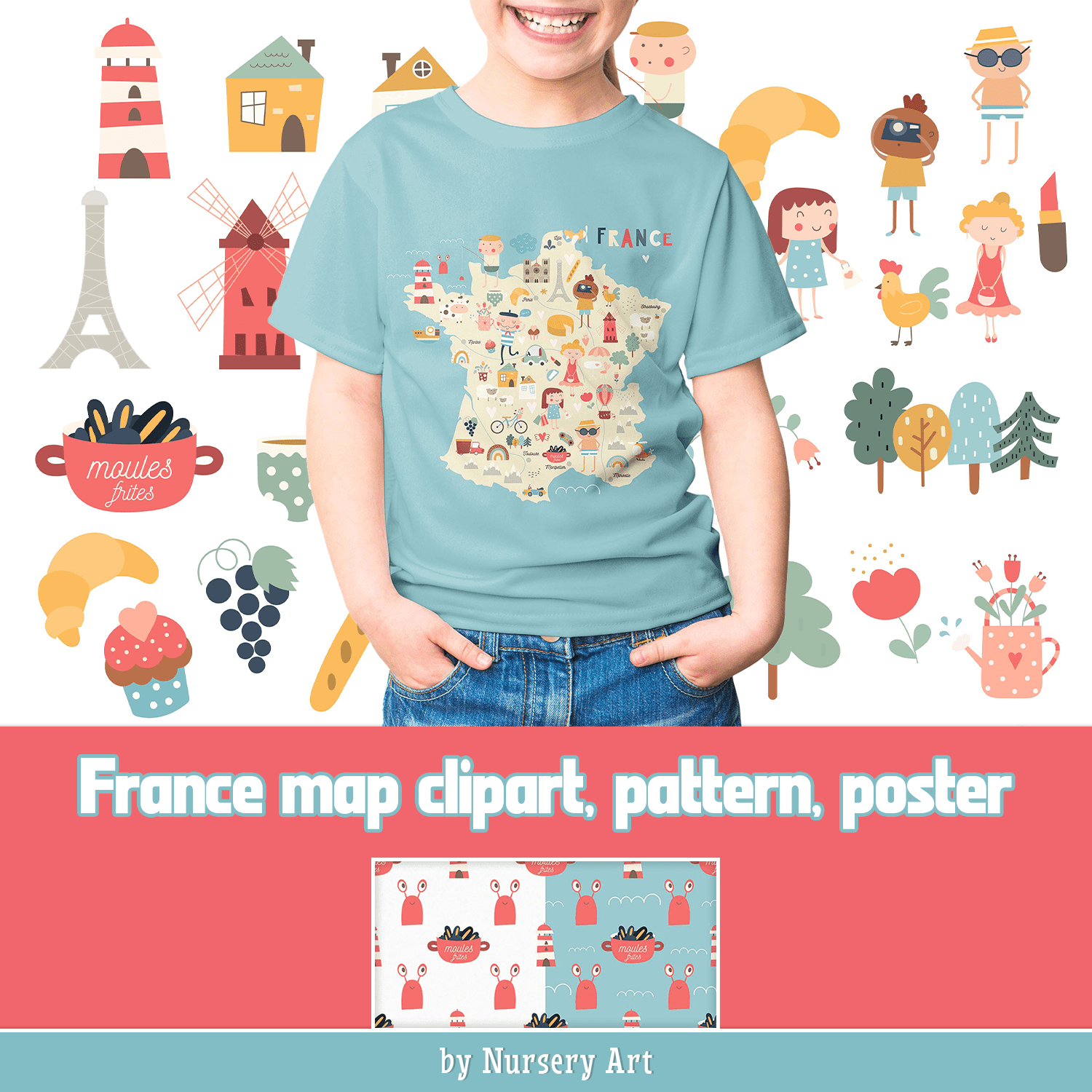 France map, clipart, pattern, poster cover.