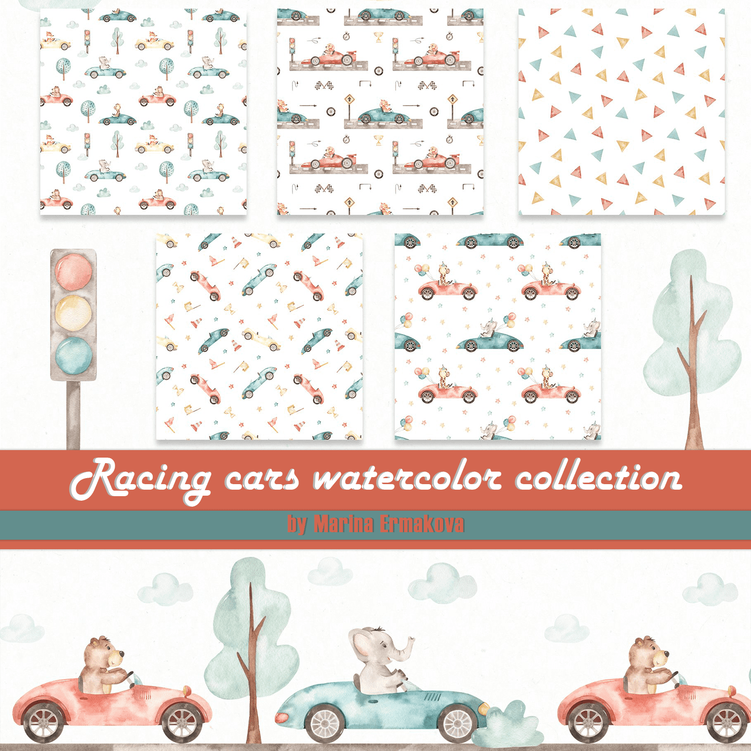 Racing cars watercolor collection cover.