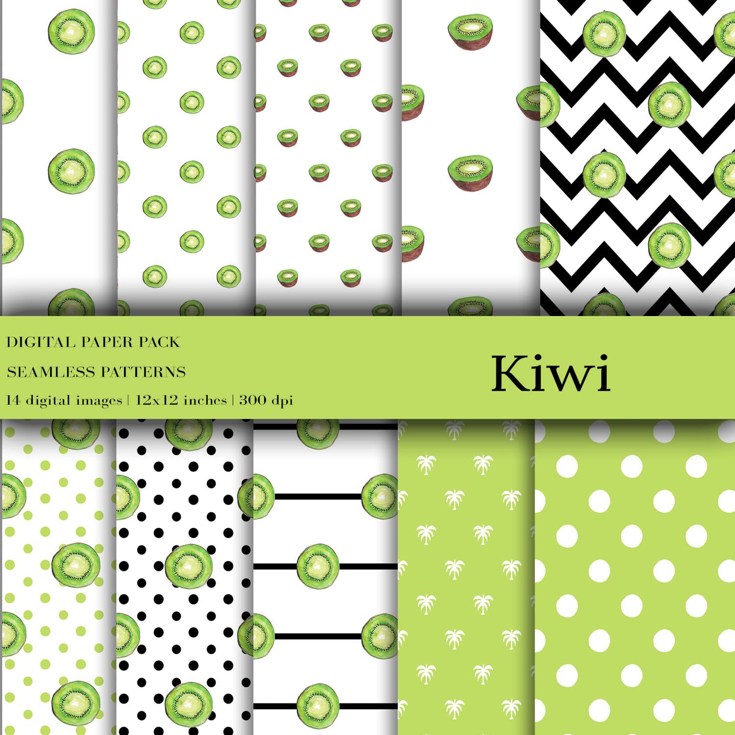 Fruit Digital Papers, Kiwi Patterns, Summer Digital Papers cover.