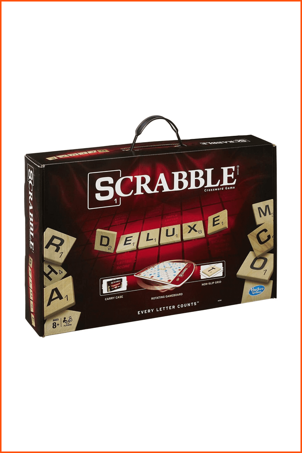 Big burgundy box with Scrabble game.