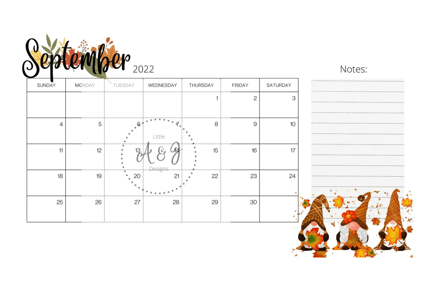 September Blank Printable Calendar.