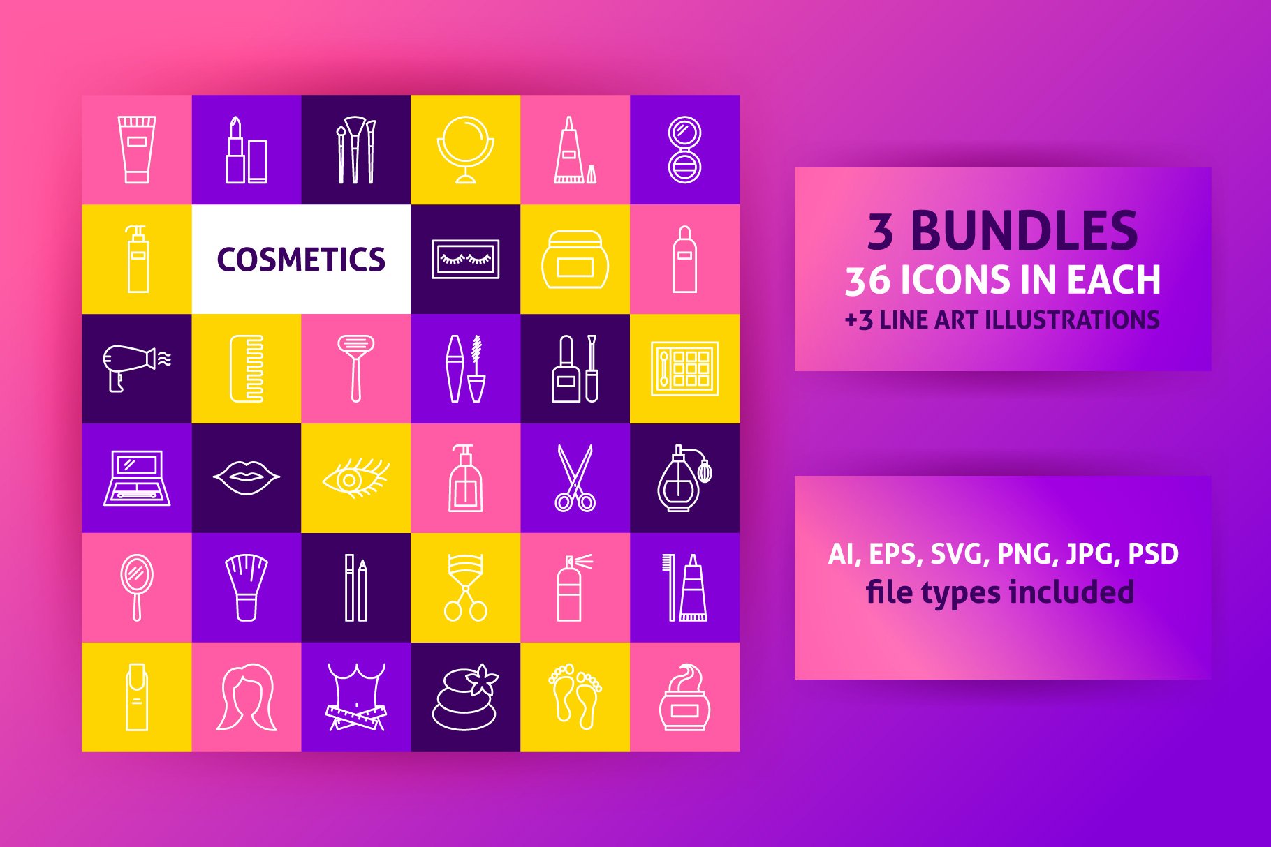 Bright purple background with cosmetics icons collection.
