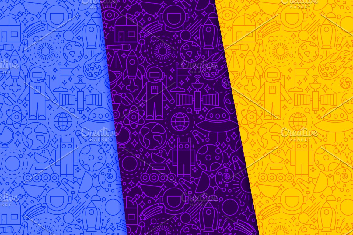 Blue, purple and yellow background with icons.