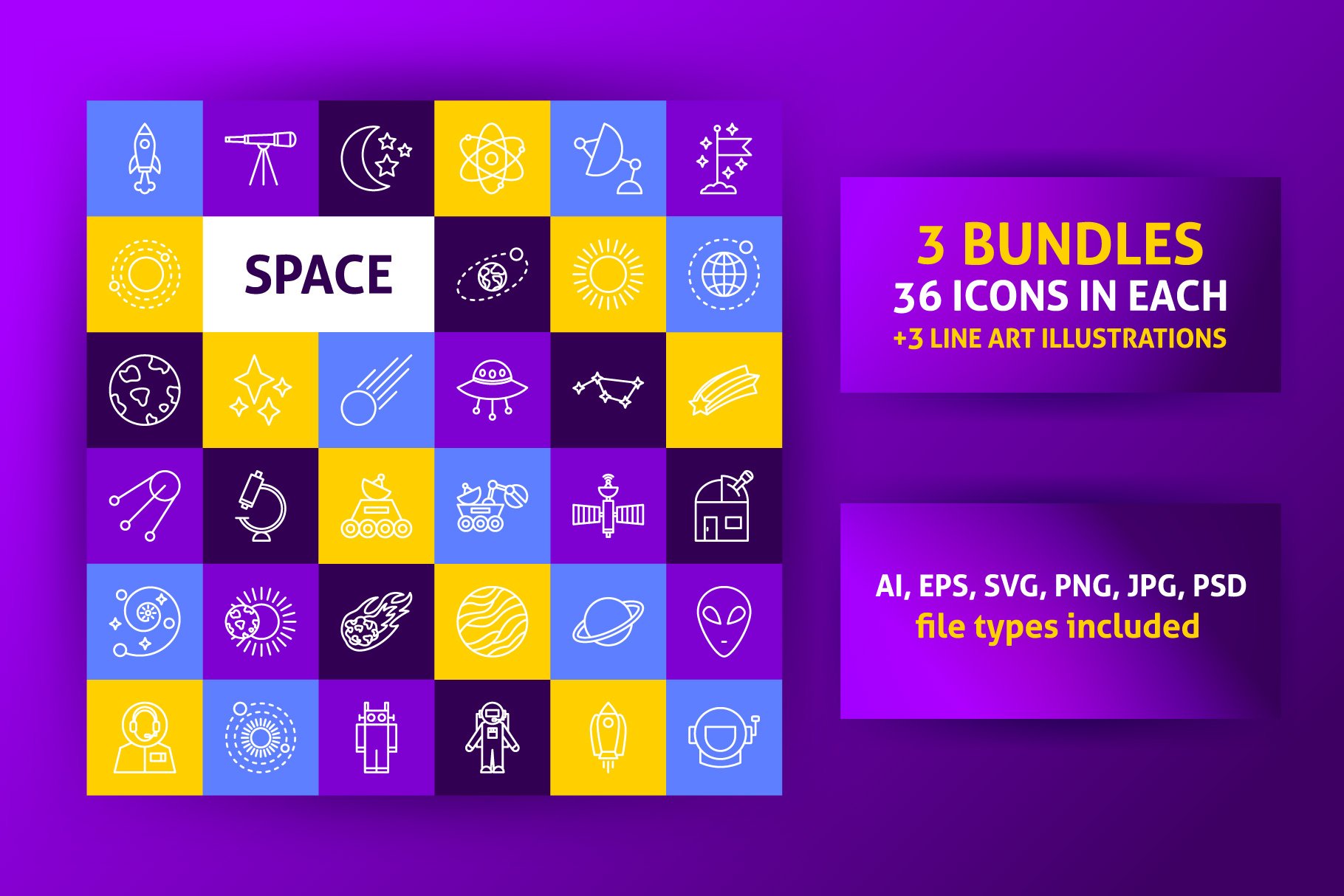 Bright purple background with colorful icons.