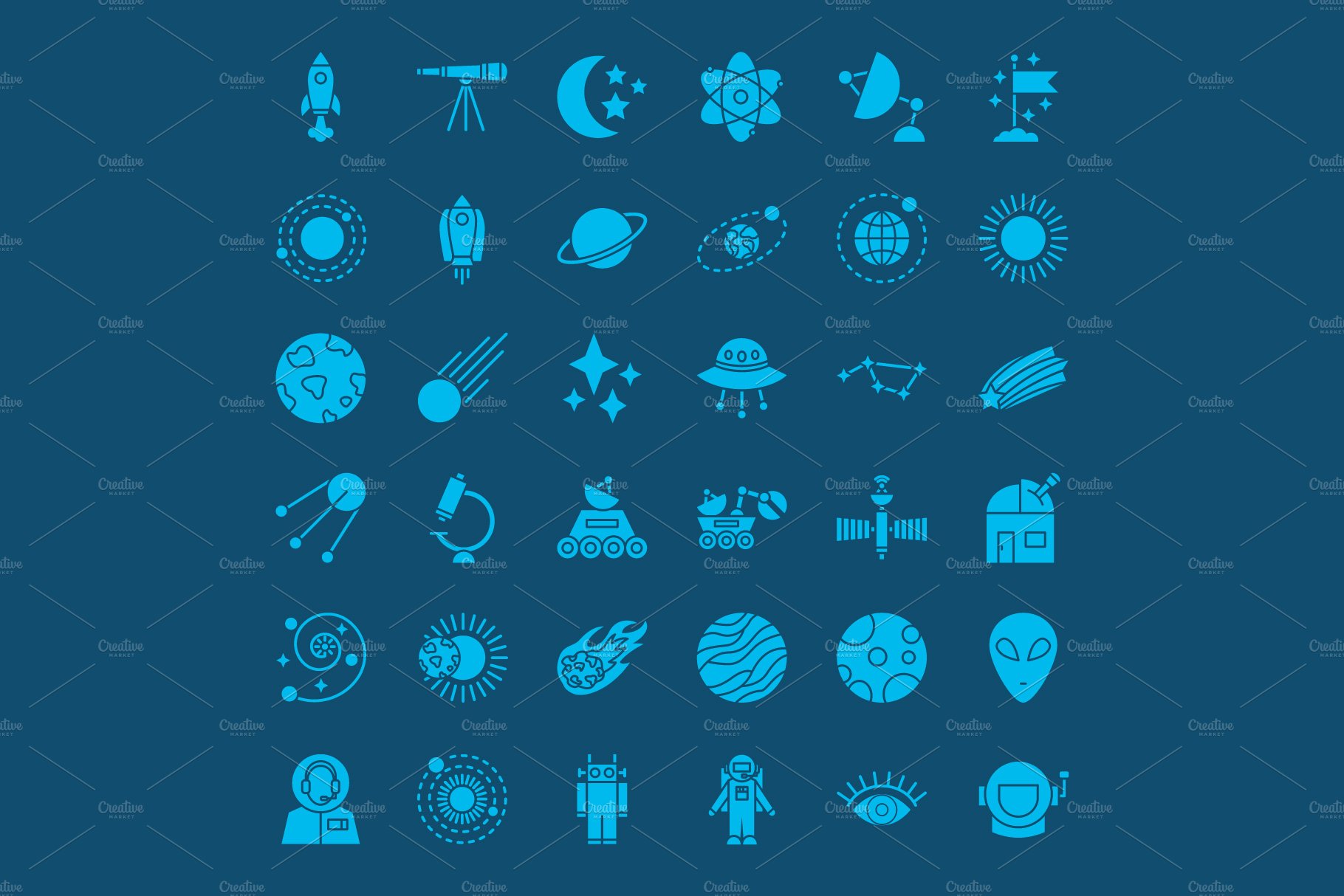 Bright blue space icons.