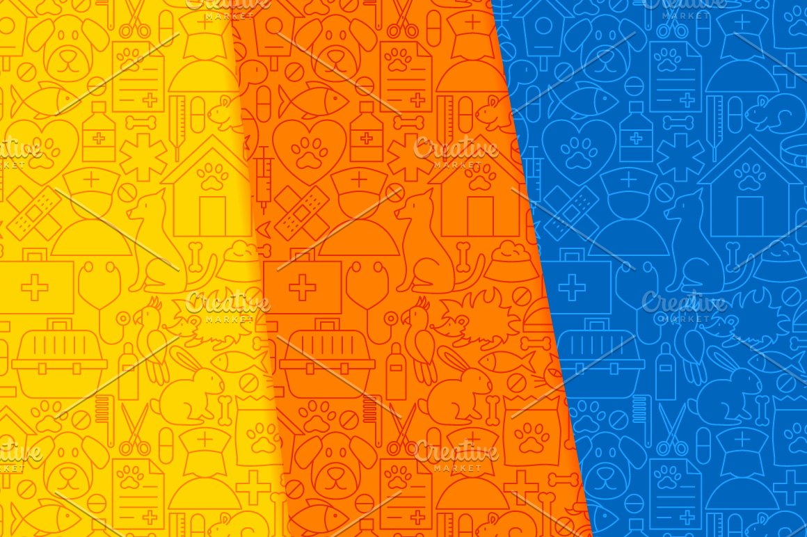 Yellow, orange and blue patterns with icons.