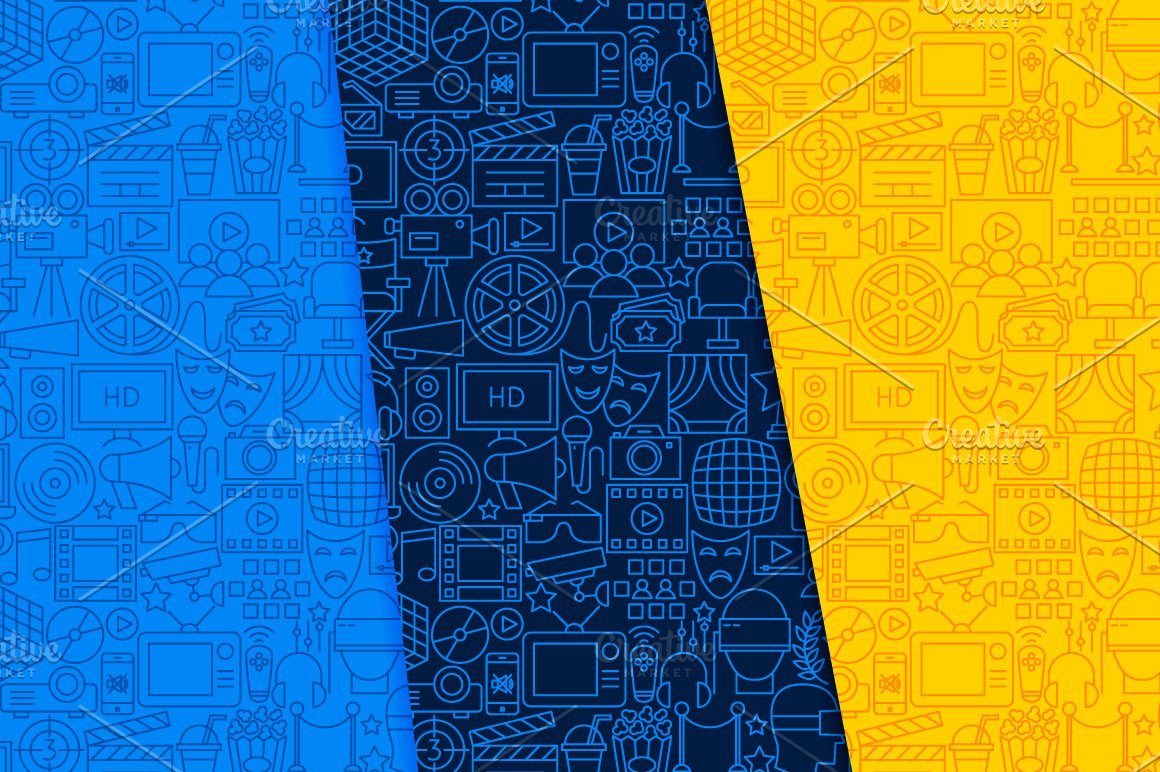 Blue, dark blue and yellow patterns with cinema icons.