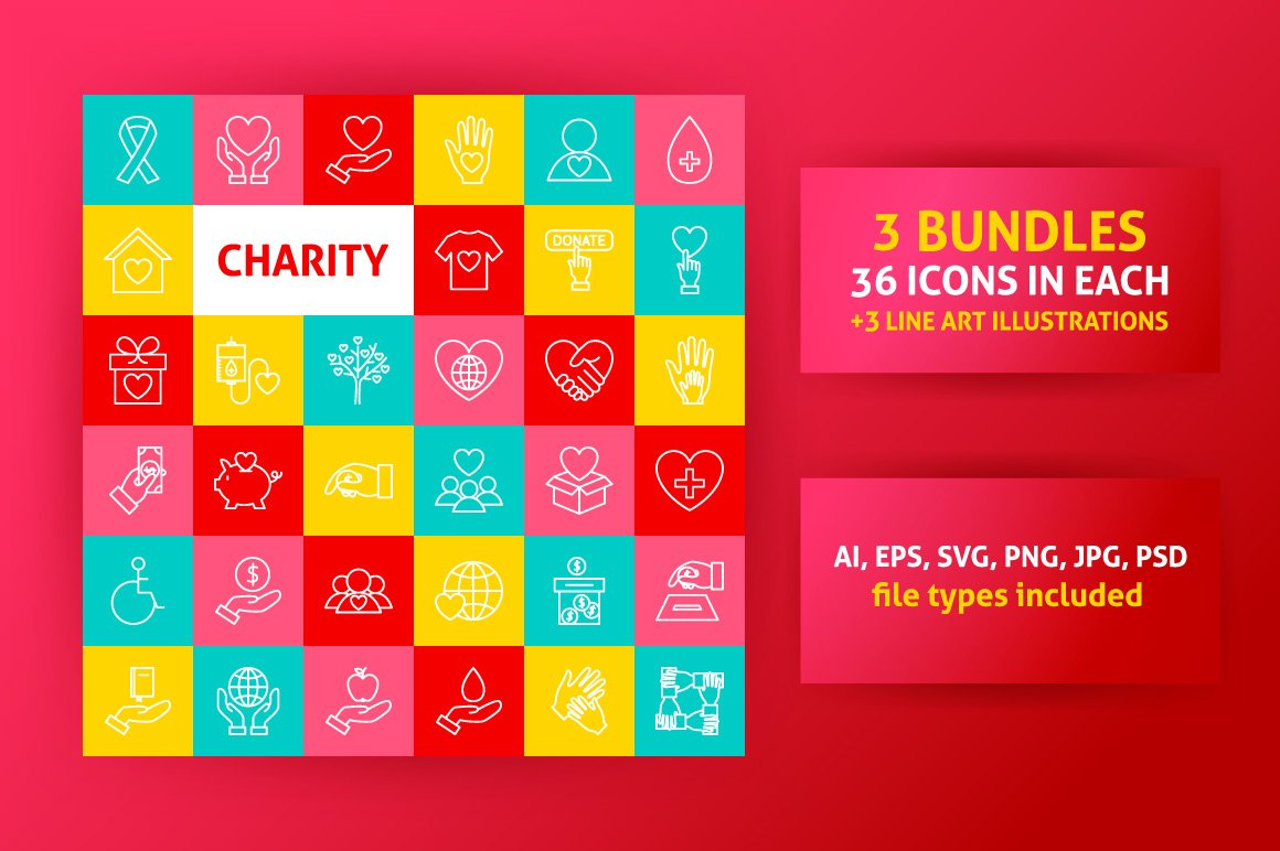 Bright red background with cool charity icons.