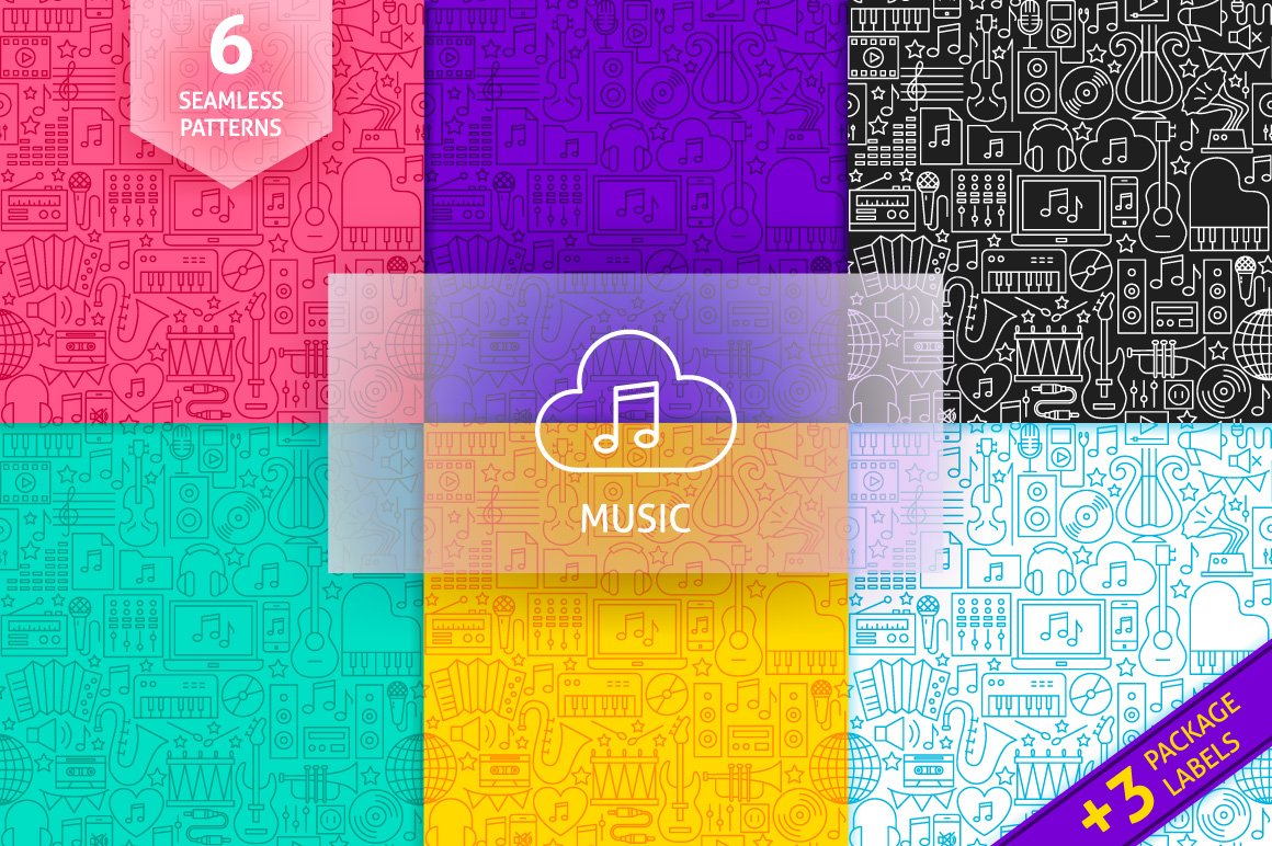 Colorful patterns with music icons.