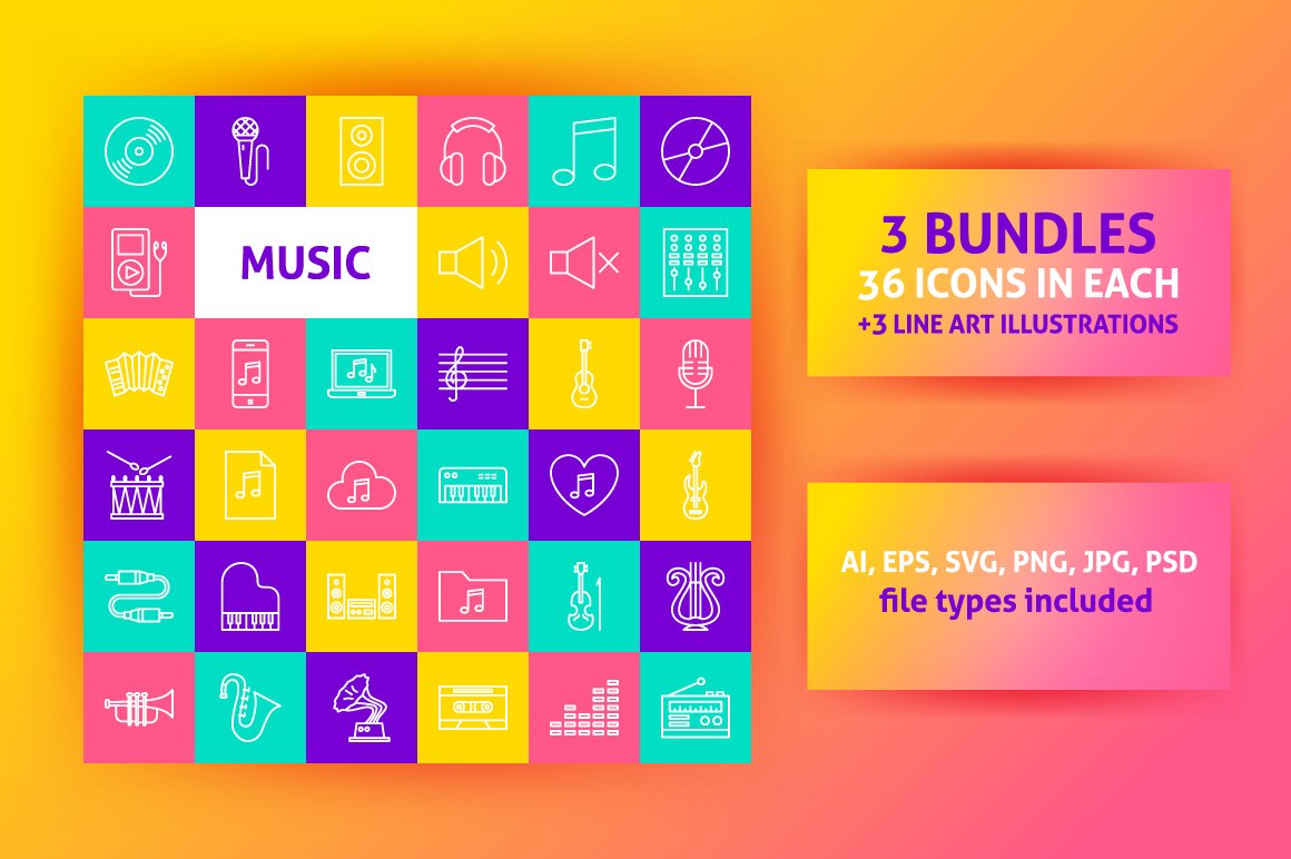 Bright orange background with so colorful music icons.