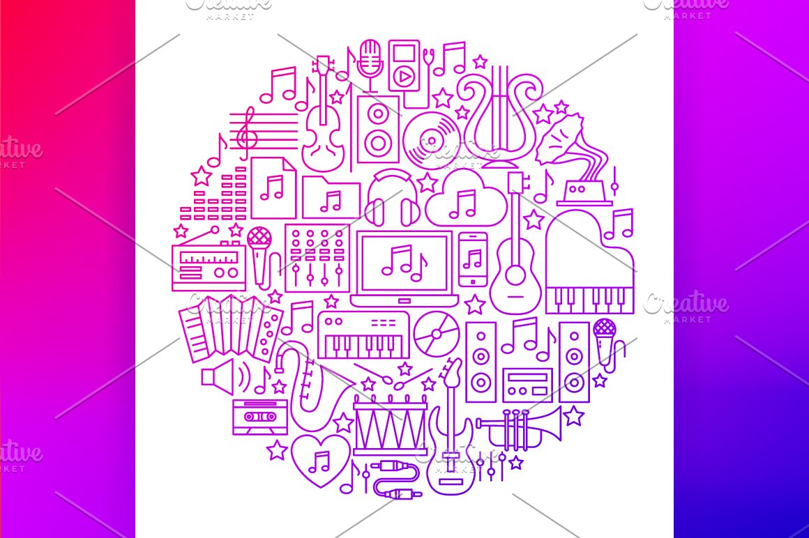 Pink round with music icons.