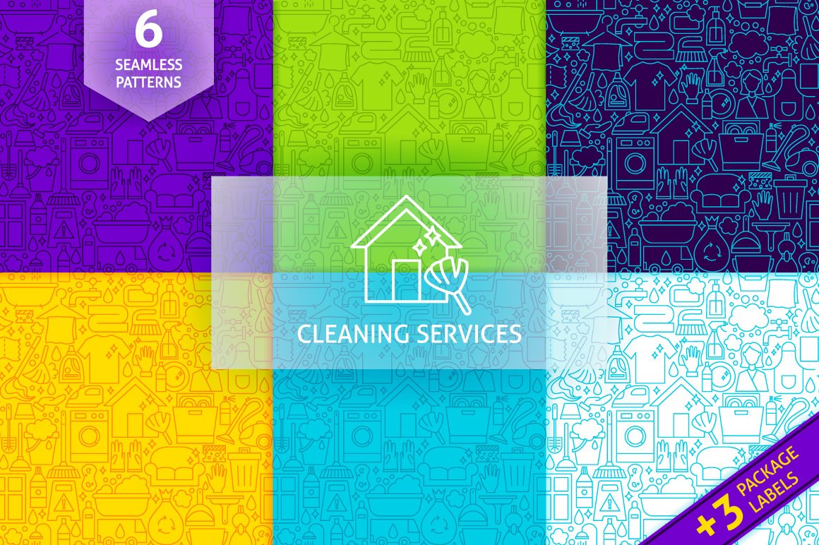 Bright backgrounds with cleaning services icons.