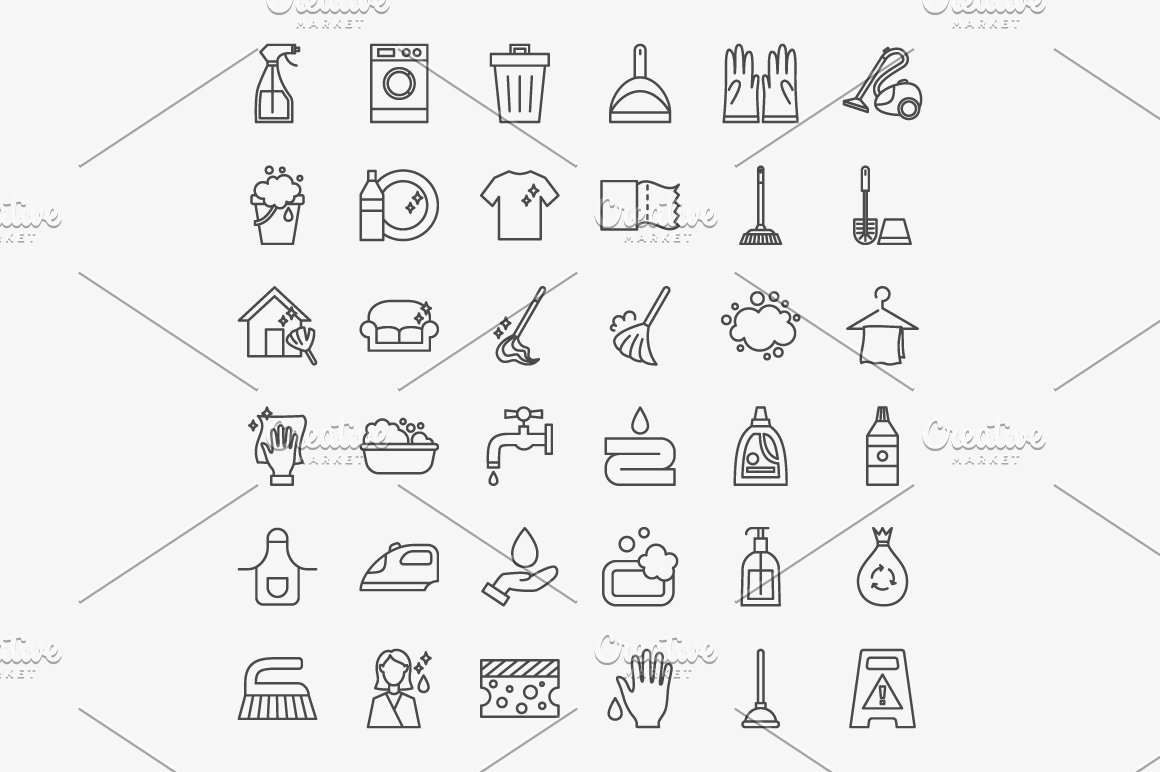 Cleaning line art icons in an outline style.