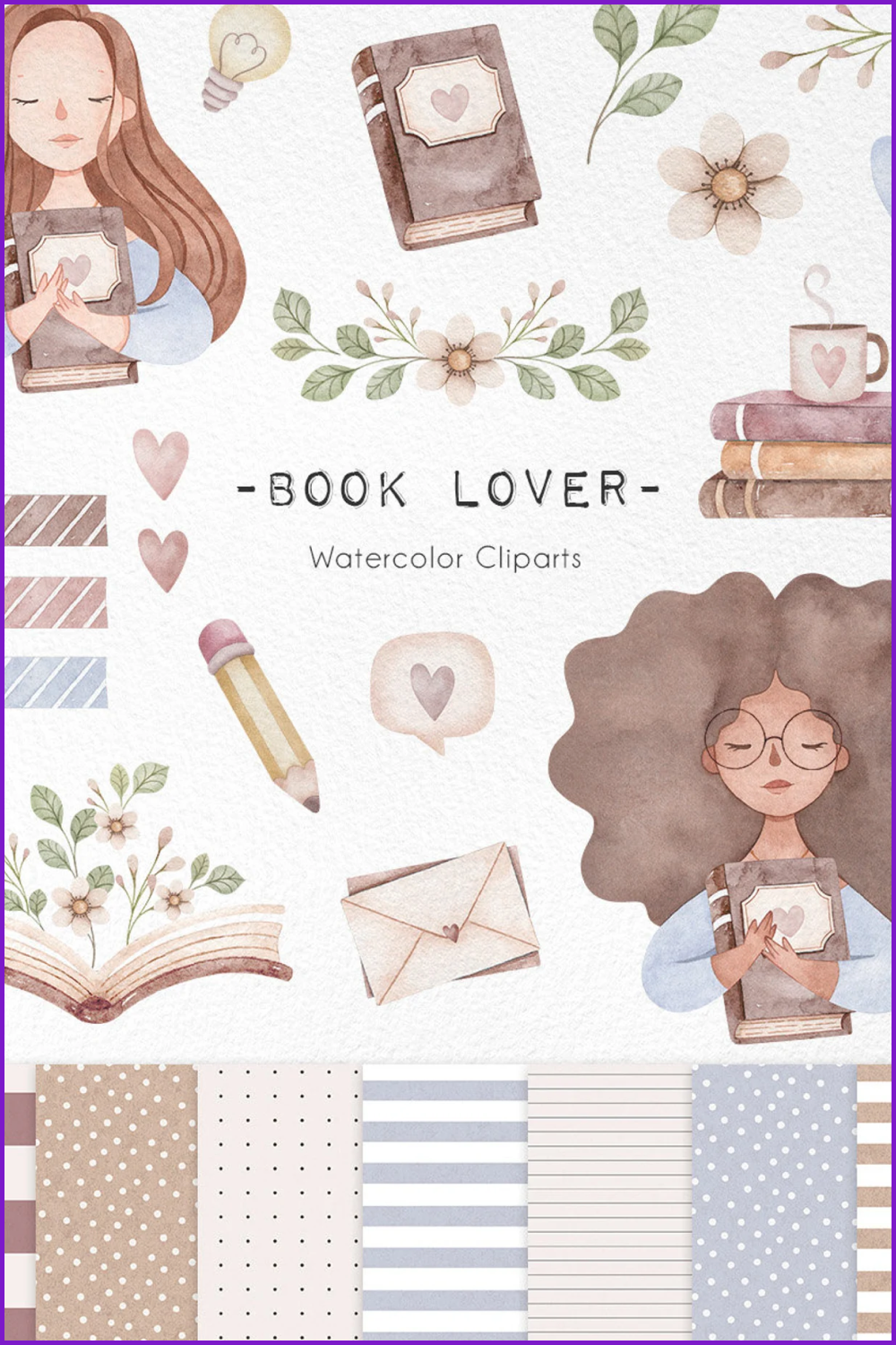 Collage with girls hugging books, crayon, crayon.