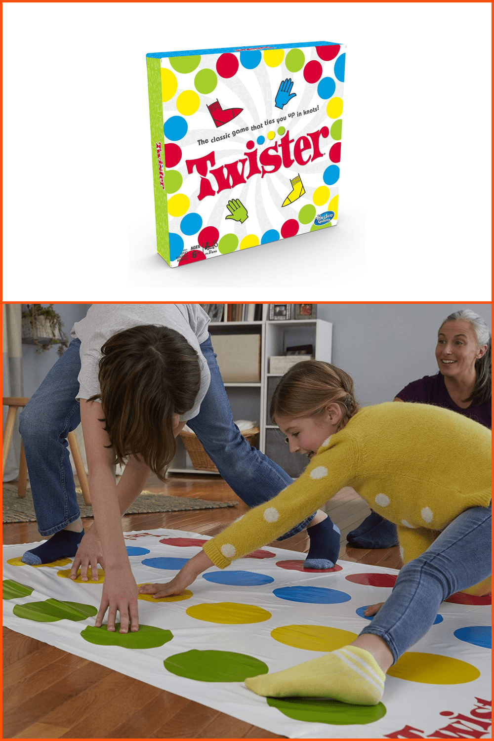 Collage of photos of Twister game box and playing family.