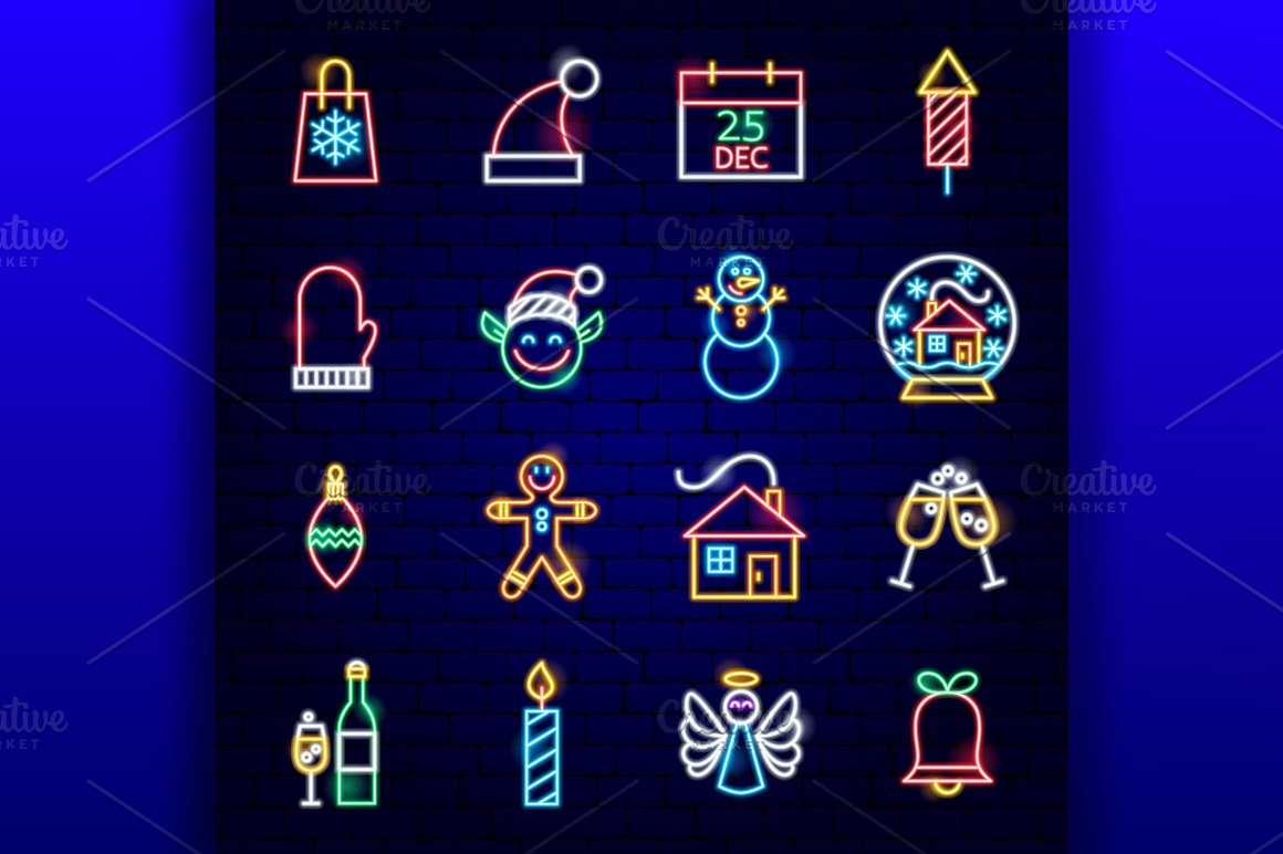 Deep blue background with so colorful neon Christmas icons.