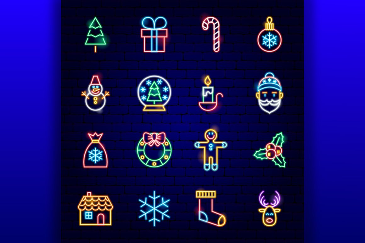 Small neon icons for Christmas illustration.