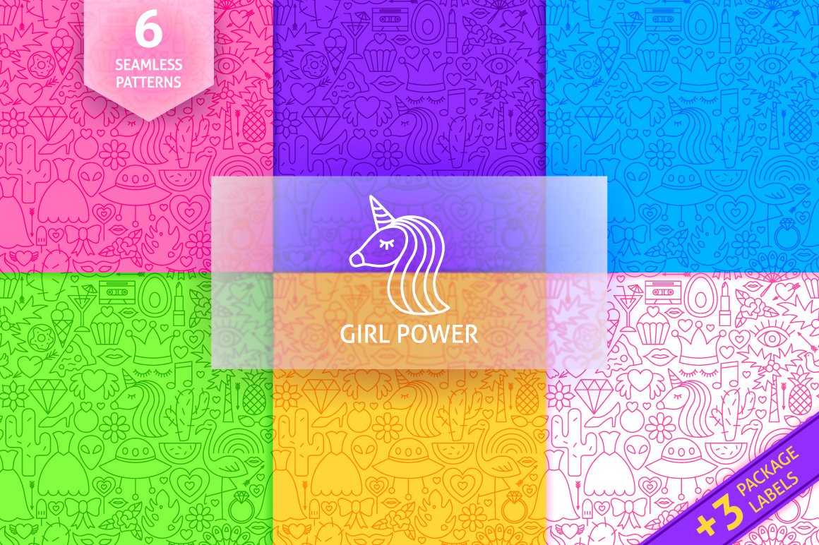 Bright patterns in different colors with girl power icons.