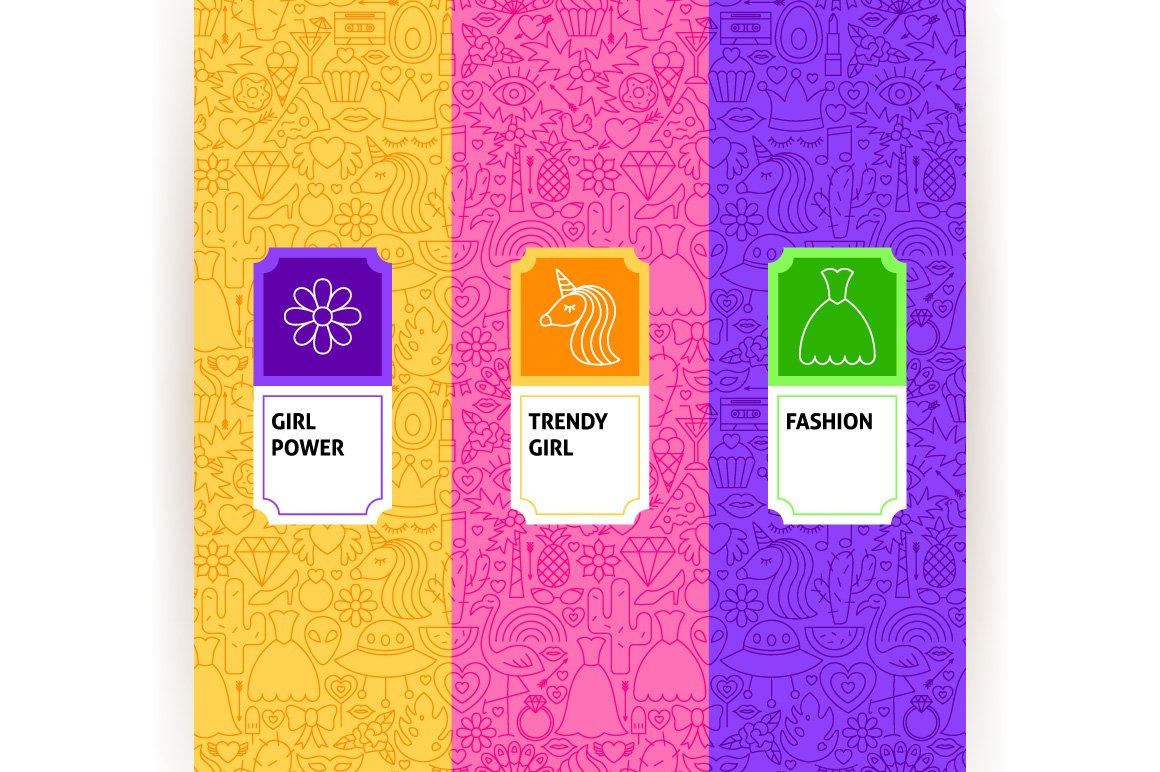 Three girls power icons on colorful backgrounds.