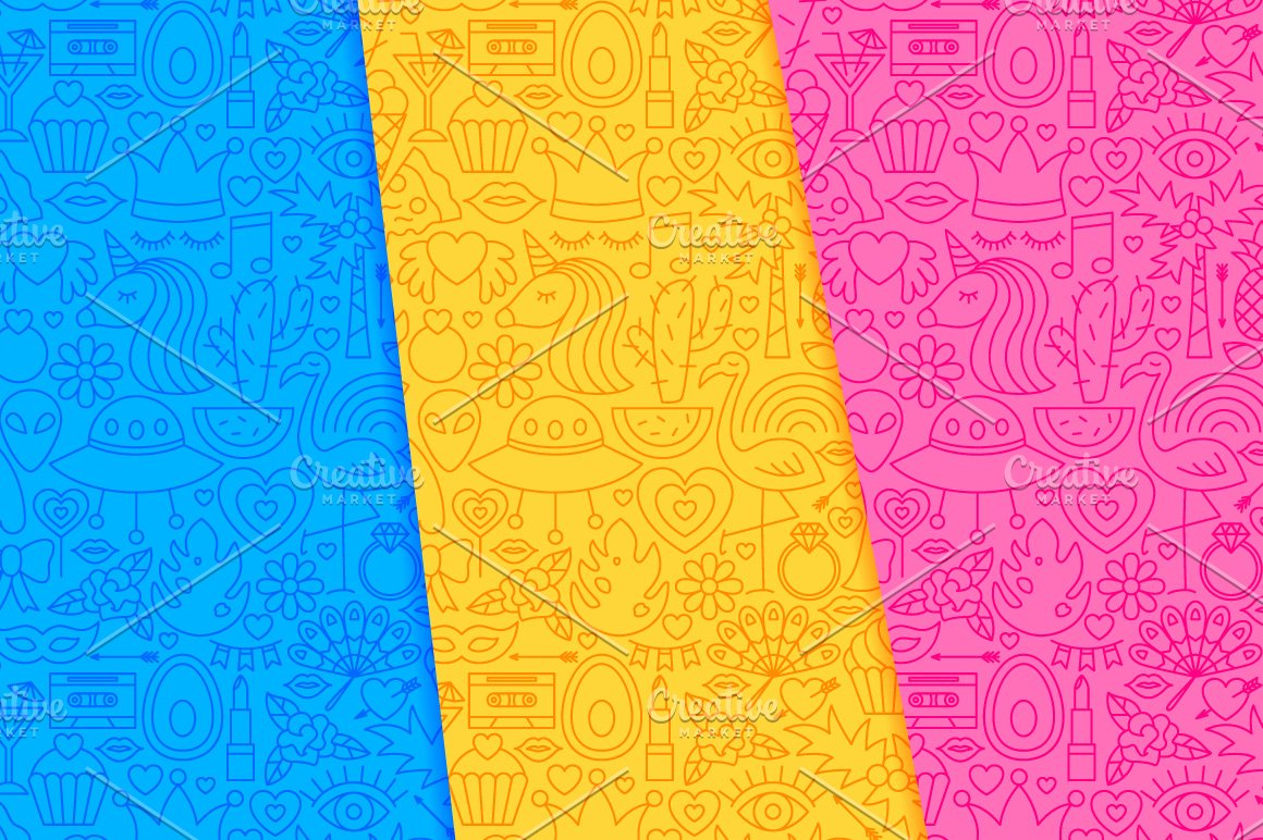 Blue, yellow and pink patterns with icons.