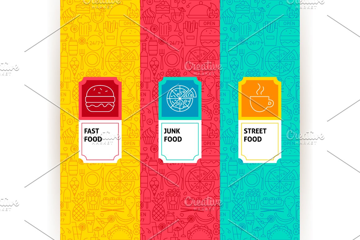 Three bright patterns options with food icons.