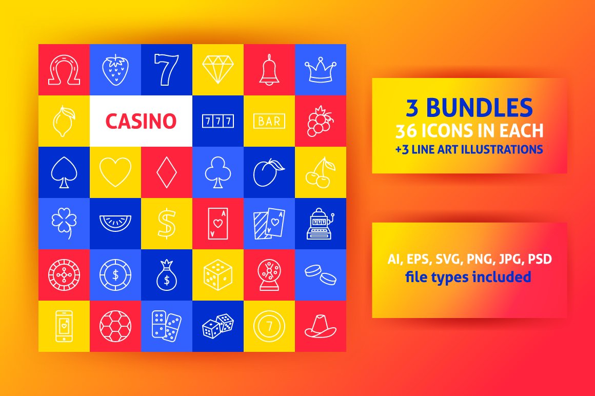 Vivid orange background with casino icons collection.