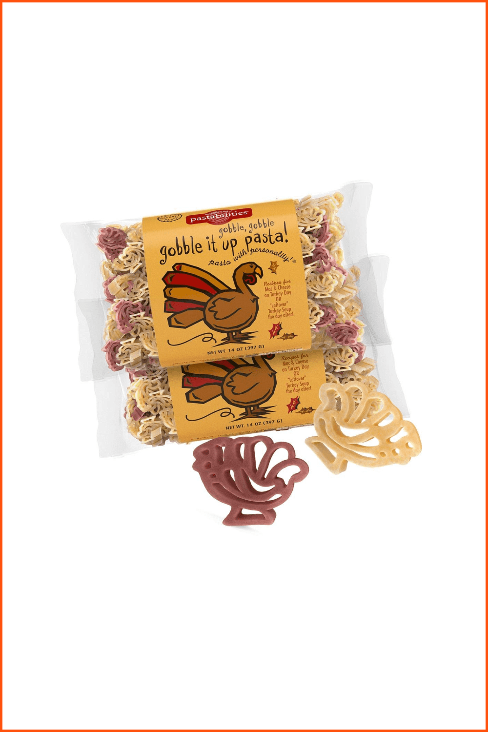 Photo of pasta packaging in the form of beige and burgundy turkeys.