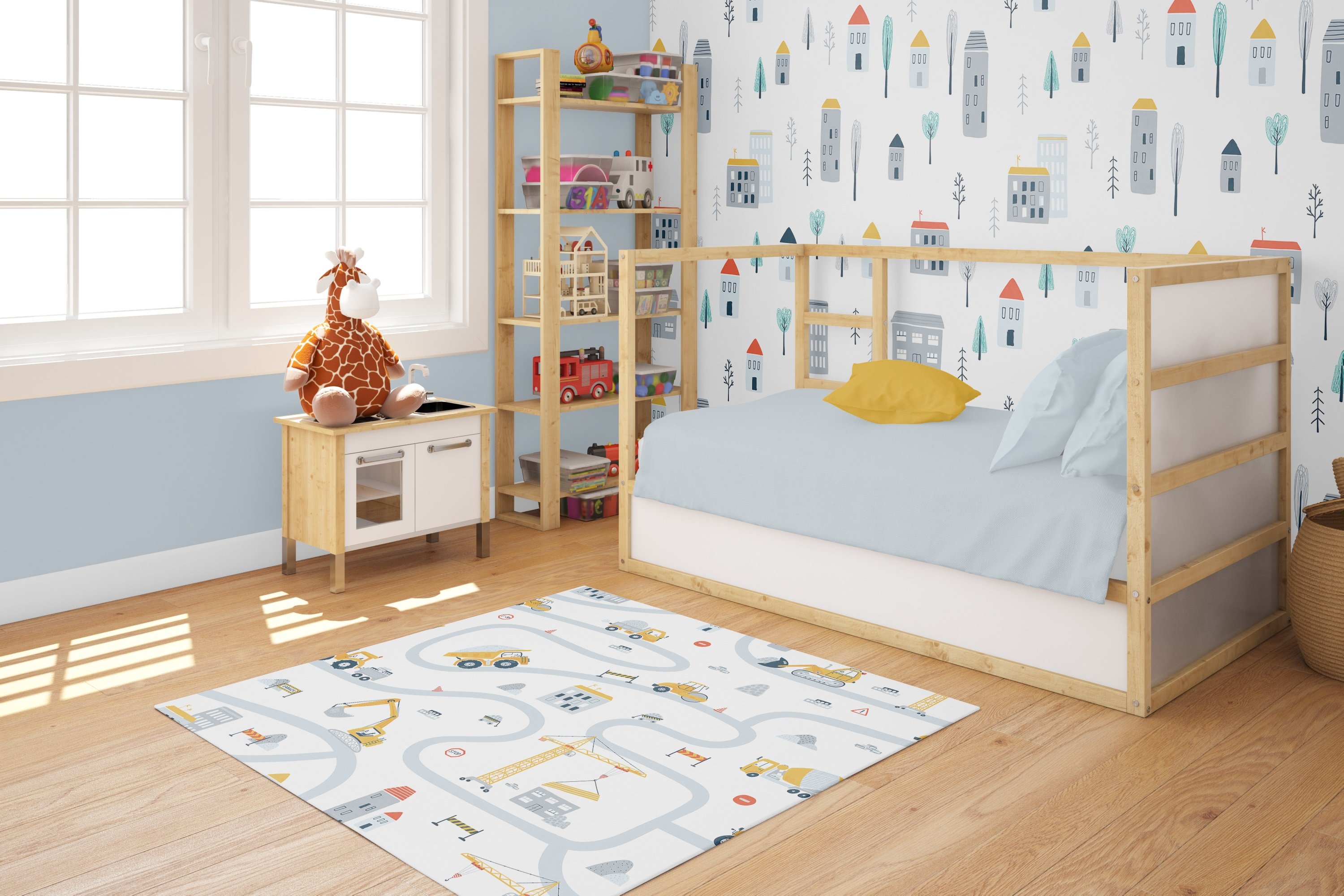 Wallpaper with in a kids room with cars.