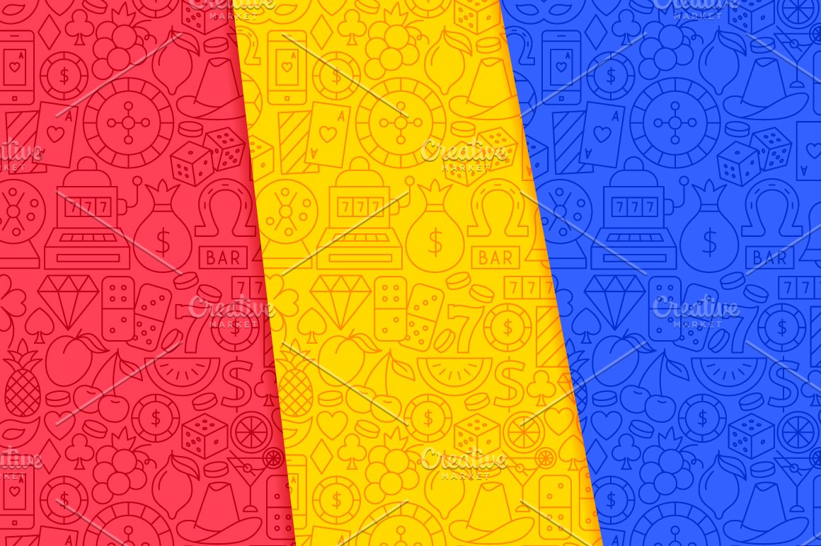 Red, yellow and blue patterns with casino icons.