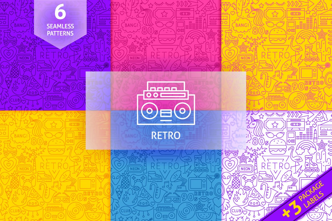 Very vivid background colors with retro icons.