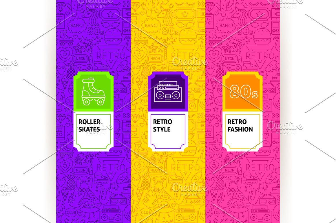 Three icons options in bright colors.