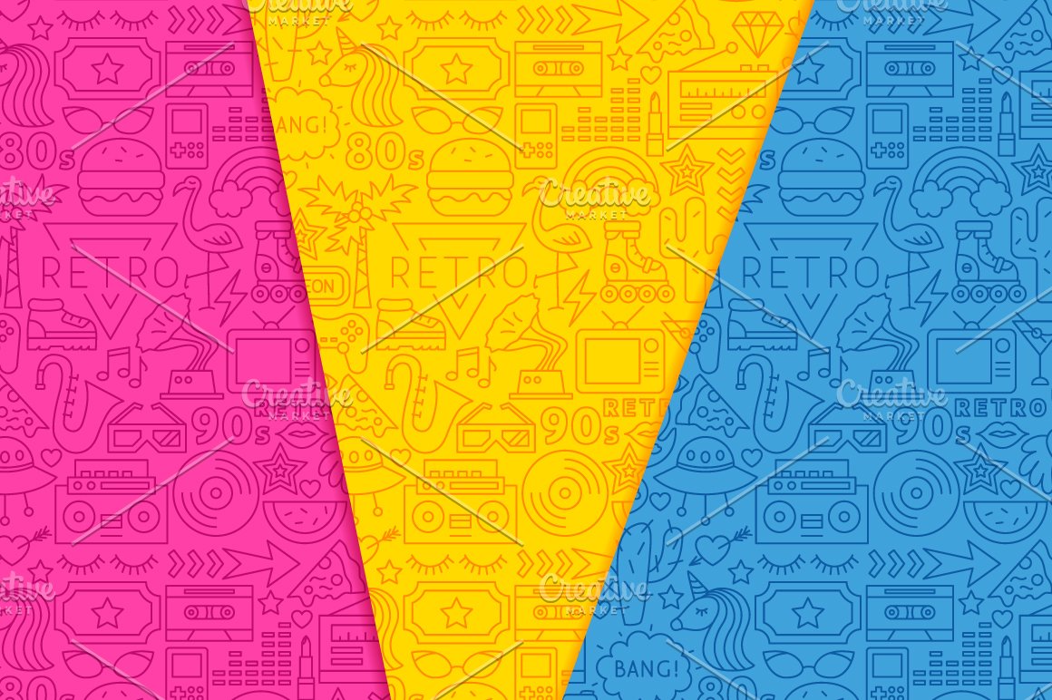 Pink, yellow and blue patterns with icons.