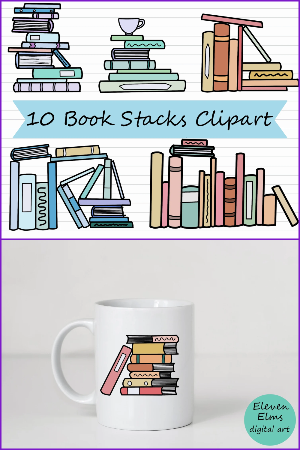 Collage with drawn books with a bookmark and a drawing of books on a white mug.