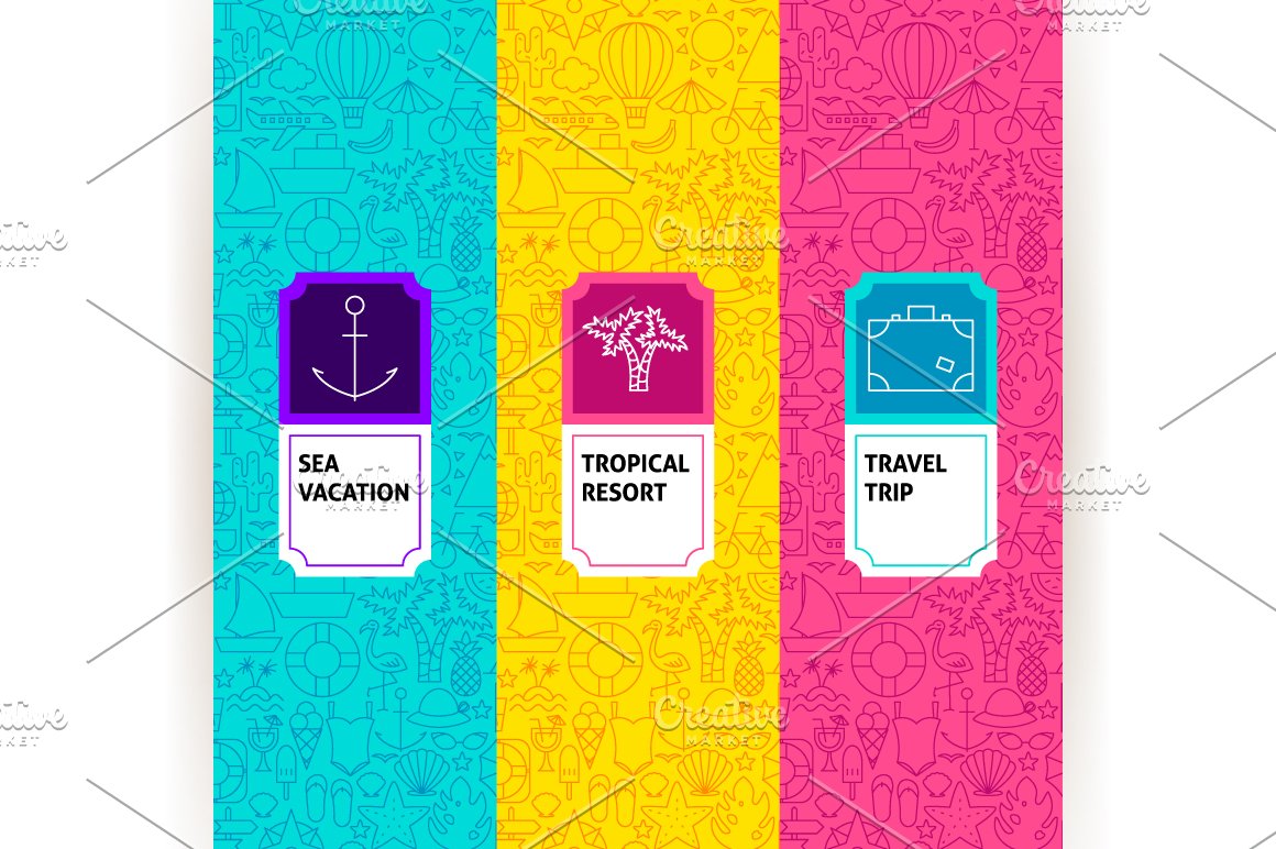 Three colors options with travel icons.