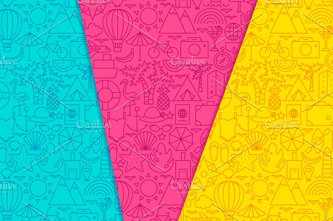Bright patterns with travel icons.