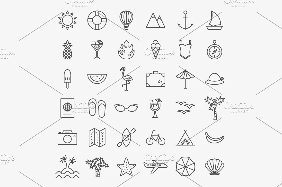 Outline travel icons set.