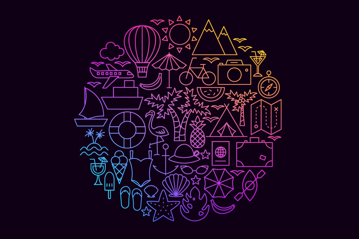 Dark background with purple gradient round with summer travel icons.